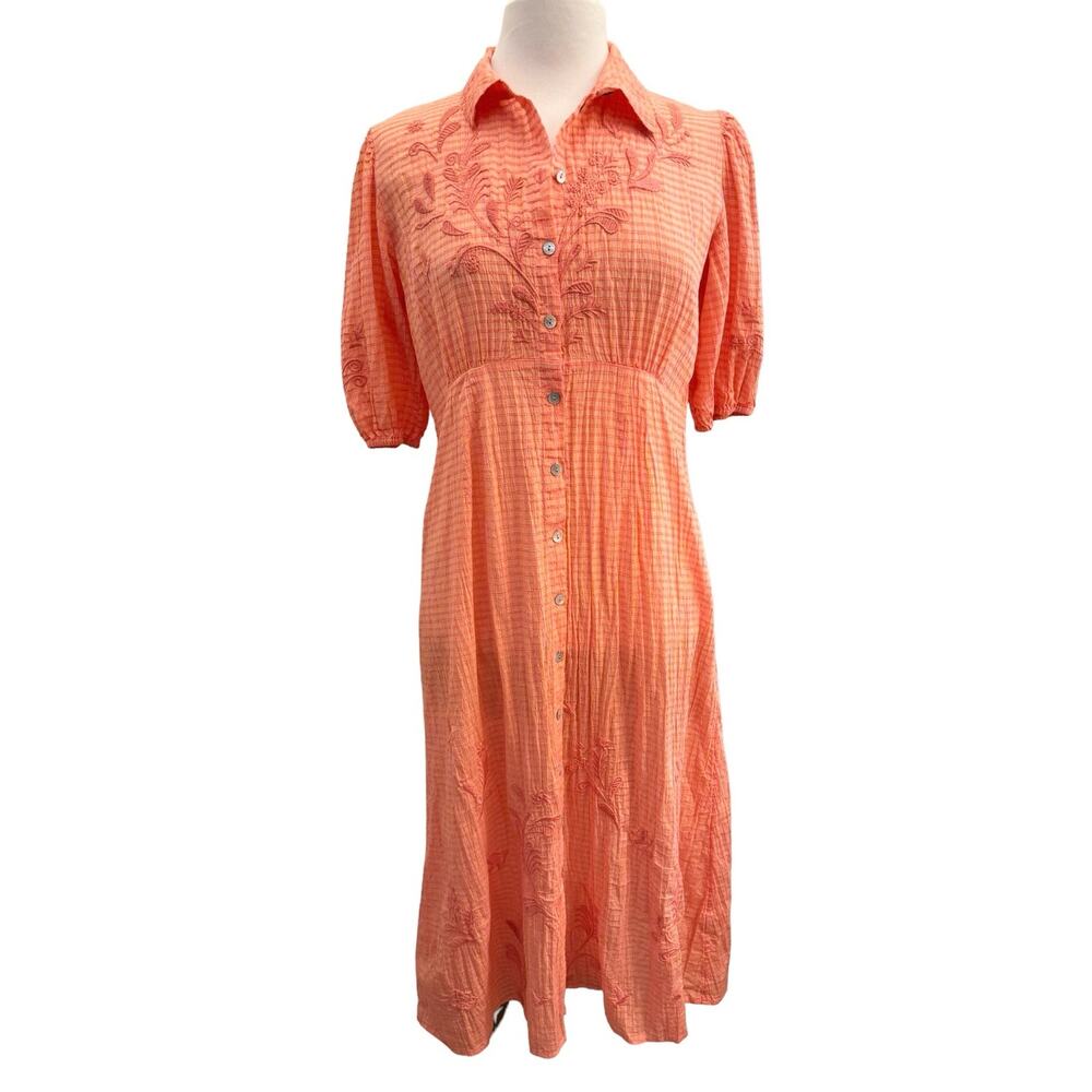 Johnny Was Orla Cotton Shirt Dress PeachPink Vintage Look XS Feminine Embroidery